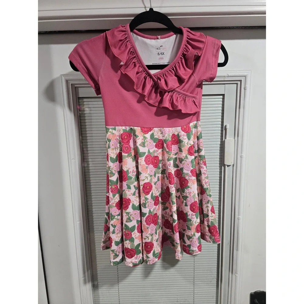 Pete + Lucy Girls Pink Floral Ruffle Short Sleeve Dress Boutique Size 6/6X NWT